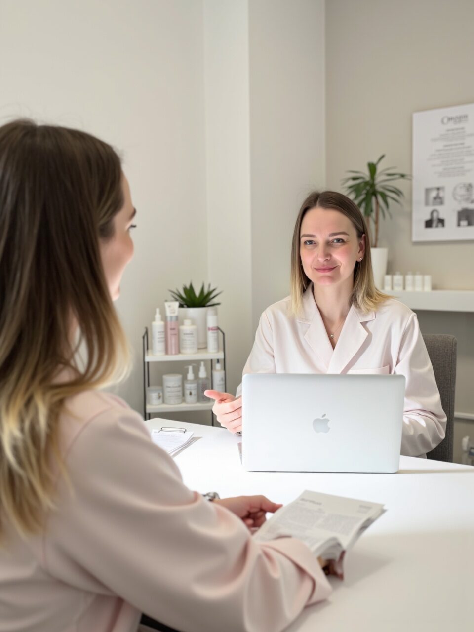 Kosmetoloģe Jeļena Jerkina konsultācijas laikā Skinique klīnikā Rīgā